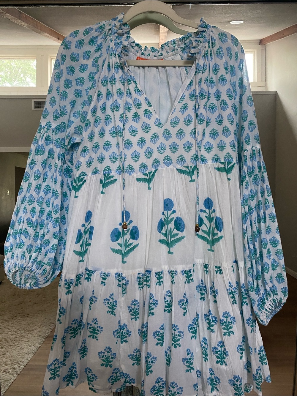 Oliphant White Dress with Teal Floral Trim